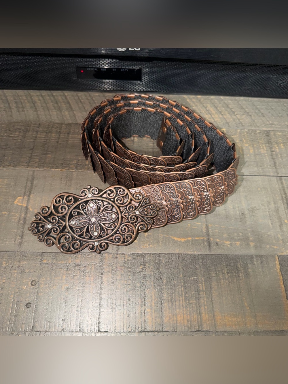 Women's L/XL Ornate Floral‎ boho copper toned Western Stretch Belt 37.5"